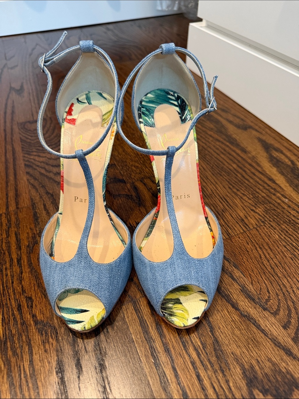 Authentic Christian Louboutin Blue T-Strap Peep Toe Women's Heels
